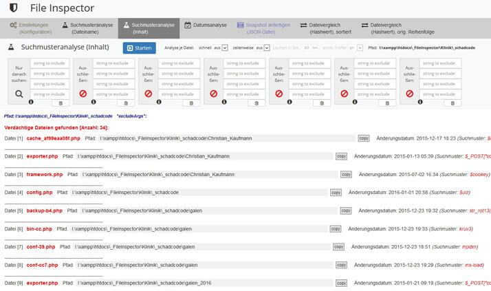 Mit dem Fileinspector bereinigen und reparieren wir gehackte kompromittierte joomla wordpress Internetseiten